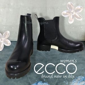 ECCO Genuine Leather Sleek Black Boots Stretch Shaft Easy On Waterproof NWT
